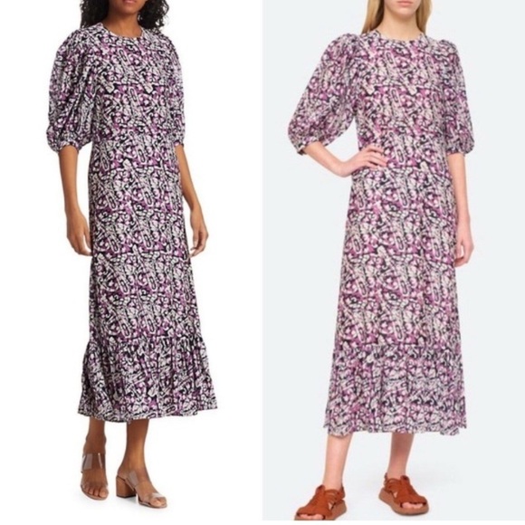 SEA NEW YORK Borealis Midi Dress Cotton Silk Puff Short Sleeve Ruffle Sz 2 NEW - Picture 1 of 9